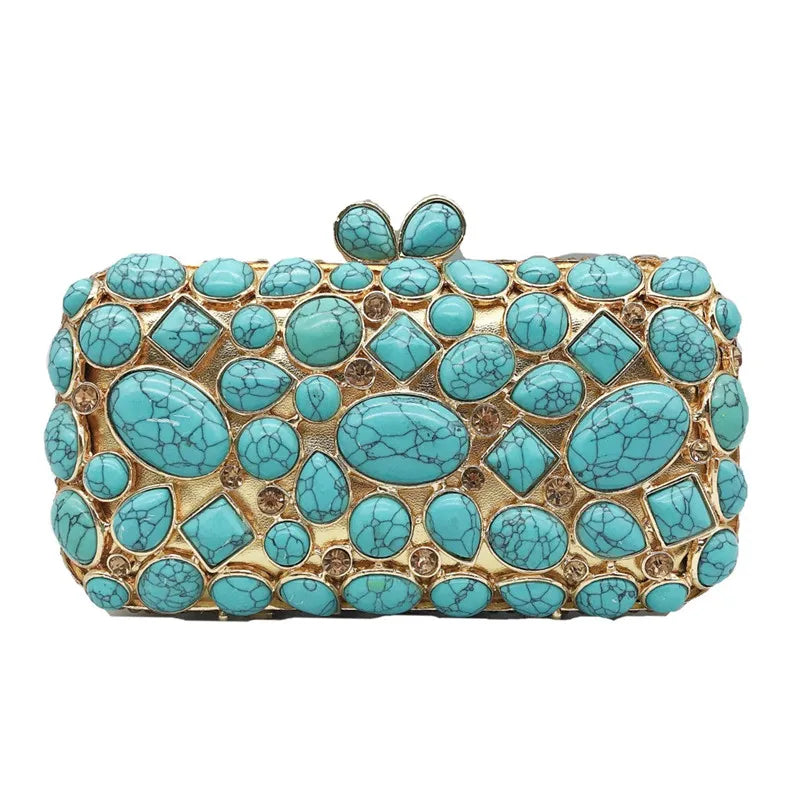 Evening Bags and Clutches for Women Turquoise Synthetic Agate Stone Bags Party Rhinestone Handbags