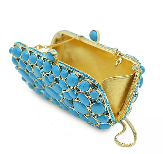 Evening Bags and Clutches for Women Turquoise Synthetic Agate Stone Bags Party Rhinestone Handbags