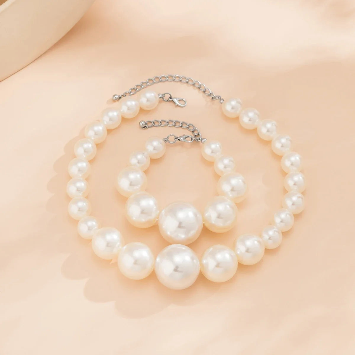 2Pcs  Big Imitation Pearl Choker Necklace Bracelets  Jewelry Set Steampunk