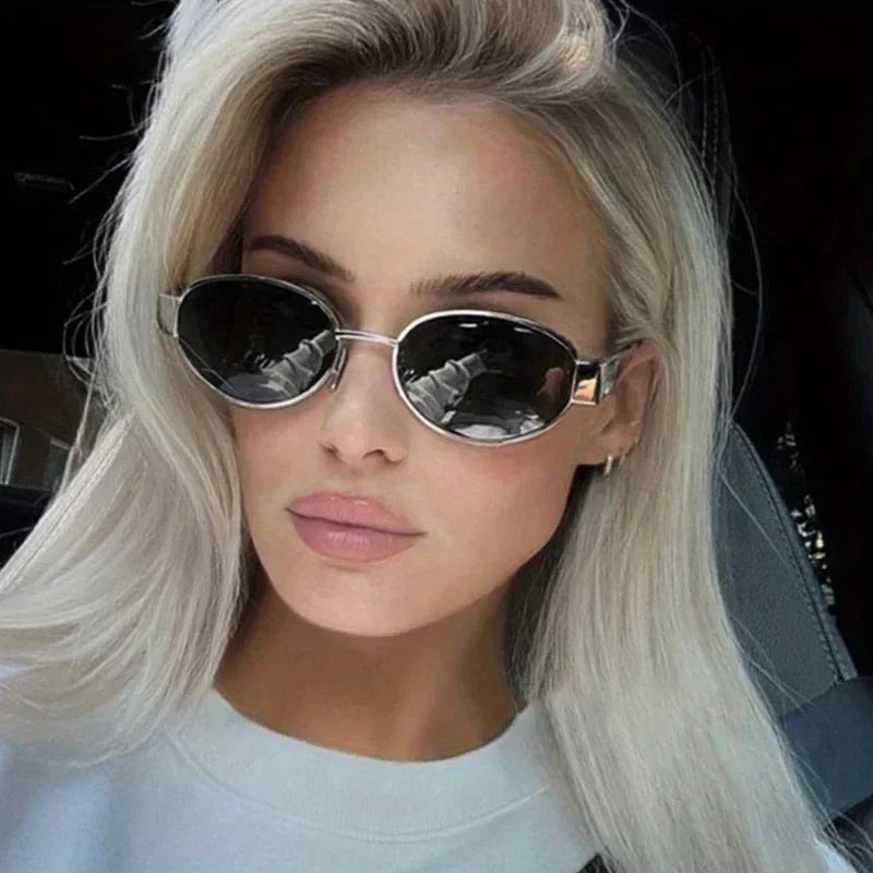 Oval Sunglasses for Women Trendy Metal Frame Shades UV400