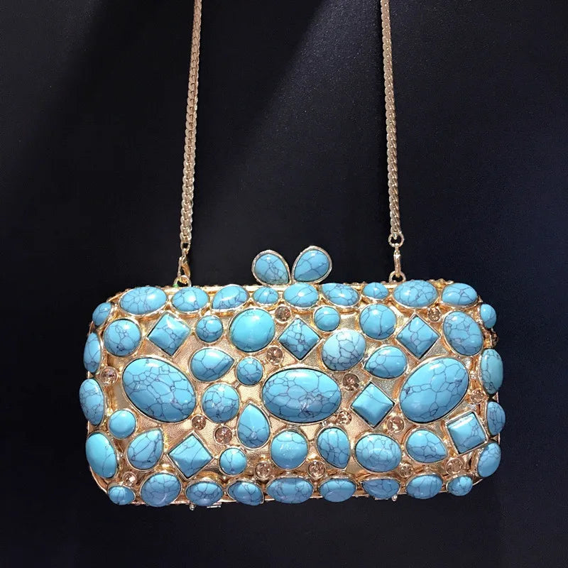 Evening Bags and Clutches for Women Turquoise Synthetic Agate Stone Bags Party Rhinestone Handbags