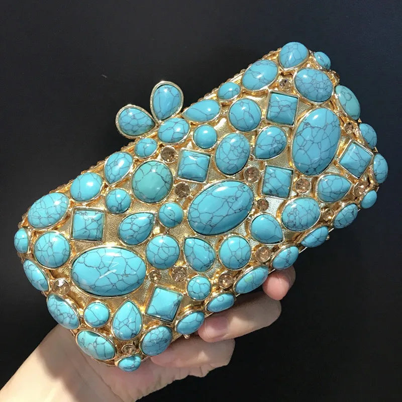 Evening Bags and Clutches for Women Turquoise Synthetic Agate Stone Bags Party Rhinestone Handbags