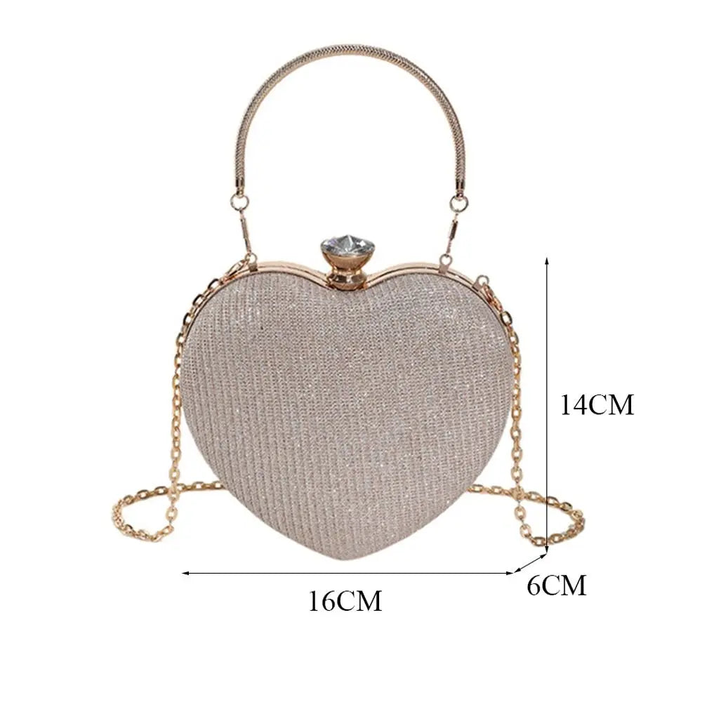 Evening Clutch Bag Women Bag Shiny Handbag Heart Shape Metal Clutches Bag Fashion Chain Shoulder Crossbody Bag Luxury Lady Purse