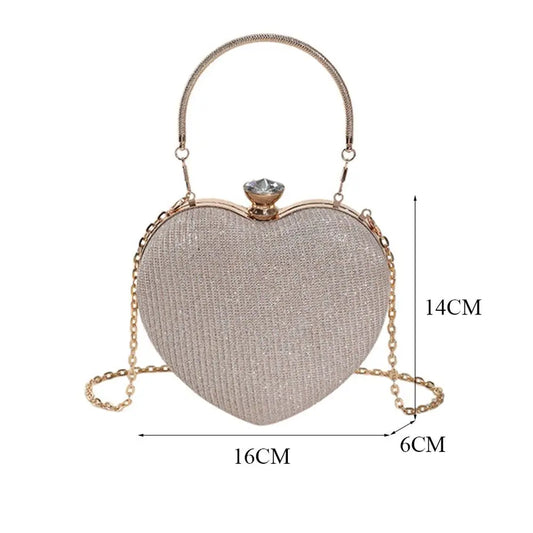 Evening Clutch Bag Women Bag Shiny Handbag Heart Shape Metal Clutches Bag Fashion Chain Shoulder Crossbody Bag Luxury Lady Purse