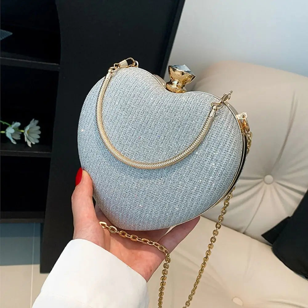 Evening Clutch Bag Women Bag Shiny Handbag Heart Shape Metal Clutches Bag Fashion Chain Shoulder Crossbody Bag Luxury Lady Purse